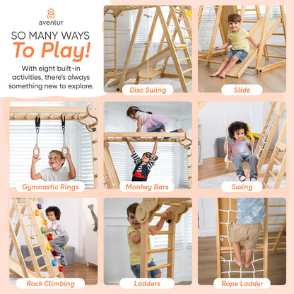 Avenlur 8-in-1 Indoor Play Gym – Toddler Jungle Gym for Kids Ages 2–6 – Indoor Playground Wooden Climbing Playset with Slide, Monkey Bars, Ladder, Rope Ladder, Rock Climbing, Swing, Rings, Disc Swing
