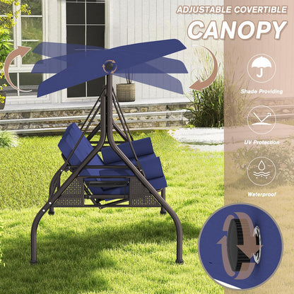 Patiomore 3 Seat Outdoor Porch Swing Bench, Adjustable Canopy Swing Chair, Convertible Backrest Swing Bed with Pillow & Cup Hold and Thicken Cushions, Dark Blue