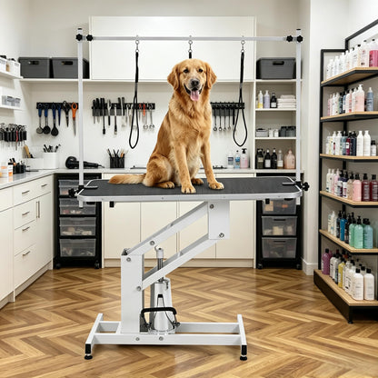 43.3" Hydraulic Pet Grooming Table, Heavy Duty Hydraulic Grooming Table Max Load 350Lbs, Professional Hydraulic Dog Grooming Table with 3 Adjsutable Nooses &, Overhead, Adjustable Height Range 22 in -