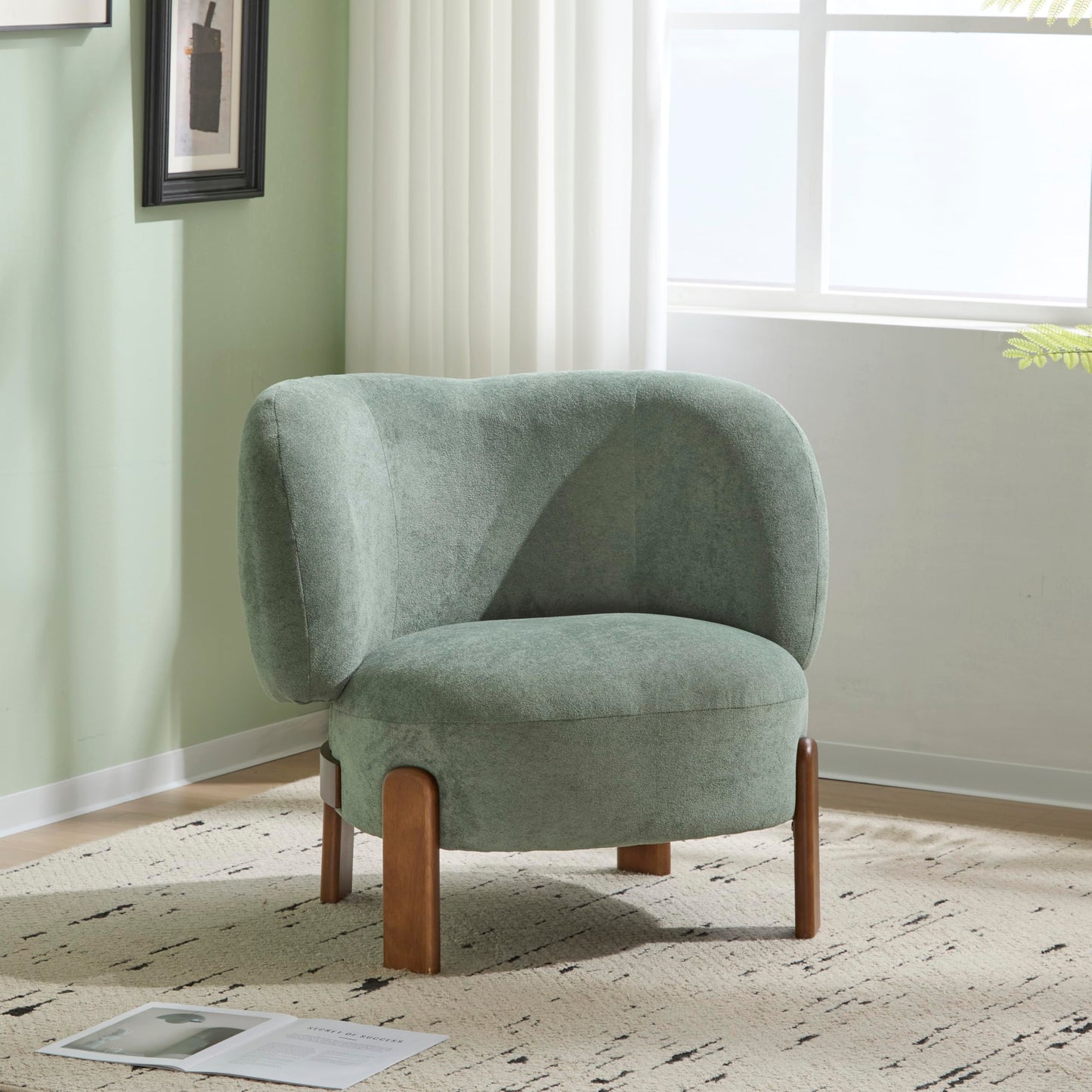 Christopher Knight Home Lily Solid Wood Wingback Accent Chair, Fabric Upholstered Club Chair, Curved Backrest Single Sofa, Comfy Reading Lounge Chair for Living Room, Soft Cushion Seating, Green