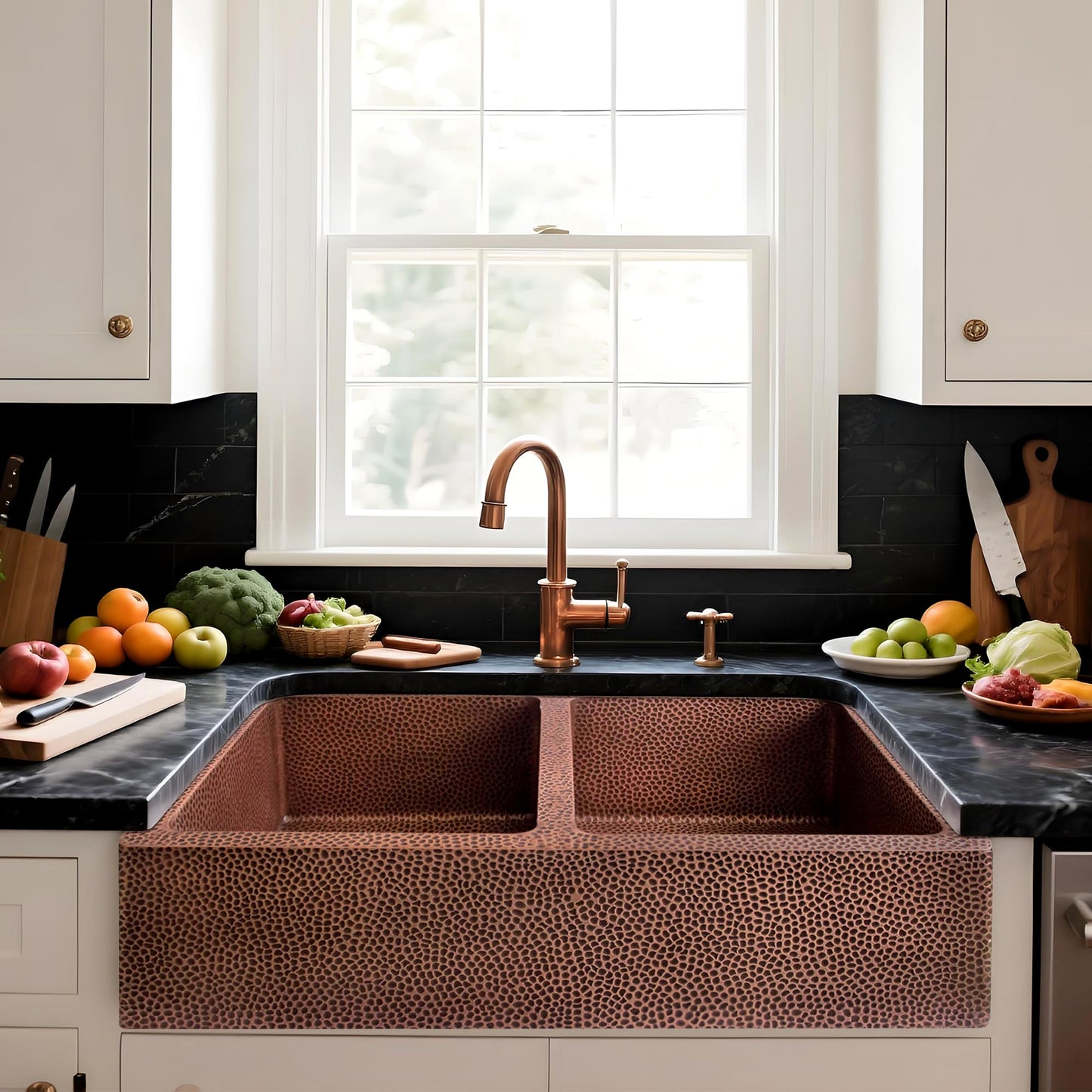 CT Copper Tailor 33" Copper Farmhouse Kitchen Sink 16 Gauge Thick, Hand-hammered Antique Copper 50/50 Double Bowl Sink,Strainer Included