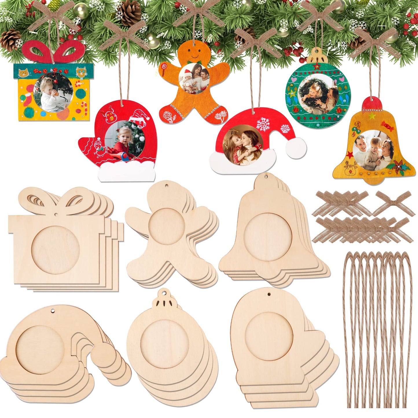 Shitailu 24Pcs Christmas Photo Frame Ornaments, DIY Unfinished Wood Picture Frame Ornaments Craft, Xmas Themed Frame Kits for Kids, Painting Decor Holiday Party Projects Activities