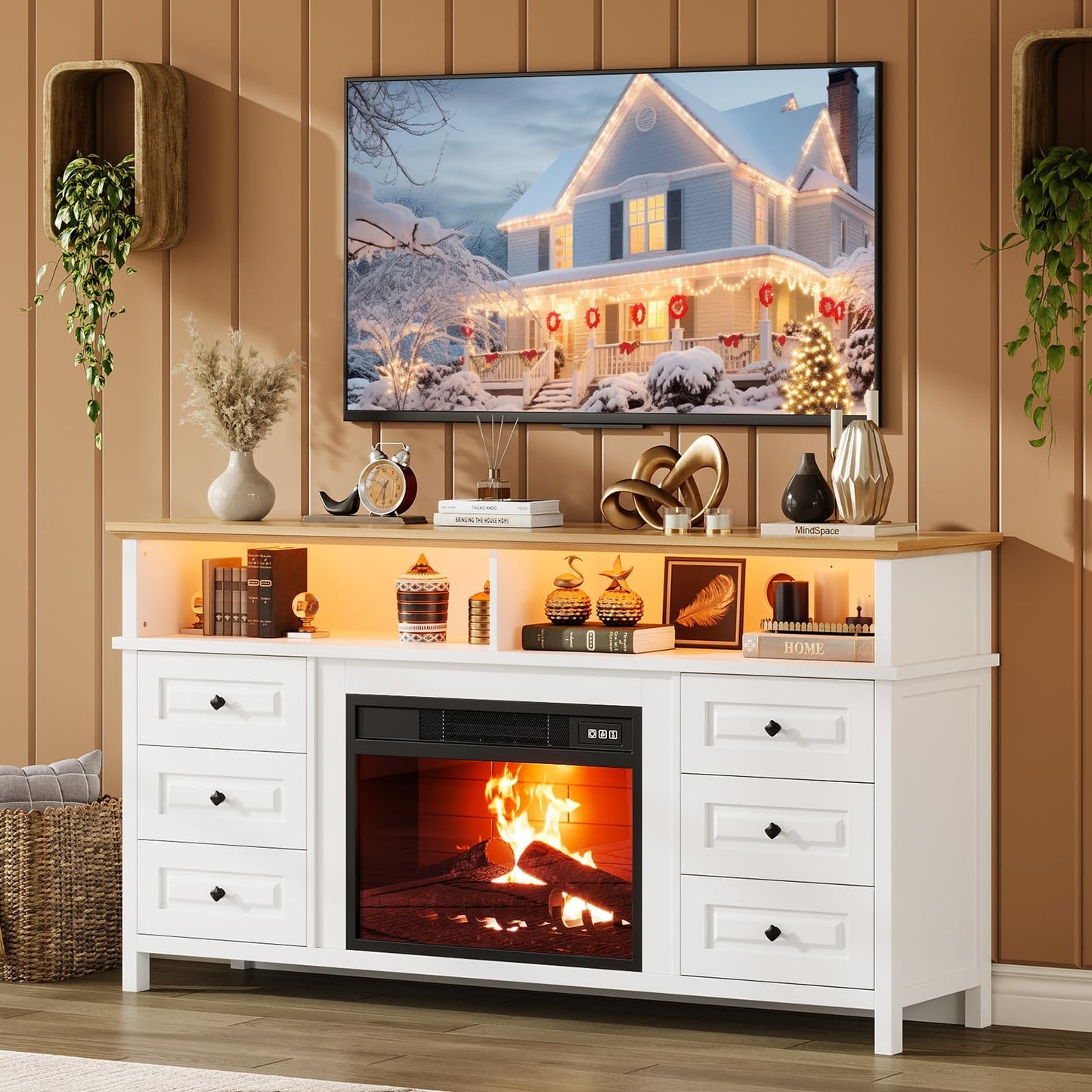 JoanKaren TV Stand with Electric Fireplace, 60" Entertainment Center for 65 Inch TV, LED Light Smart RGB, Modern Farmhouse Console, 6 Drawers Storage，Fit Into 23''Electric Fireplaces(White)