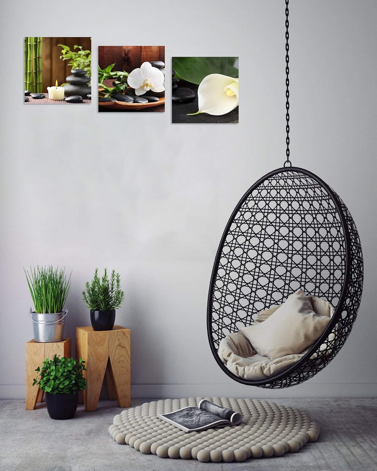 TutuBeer 3 Panels Spa Decor | Zen Decor Spa Stone Green Bamboo White Frangipani Flower Canvas Prints