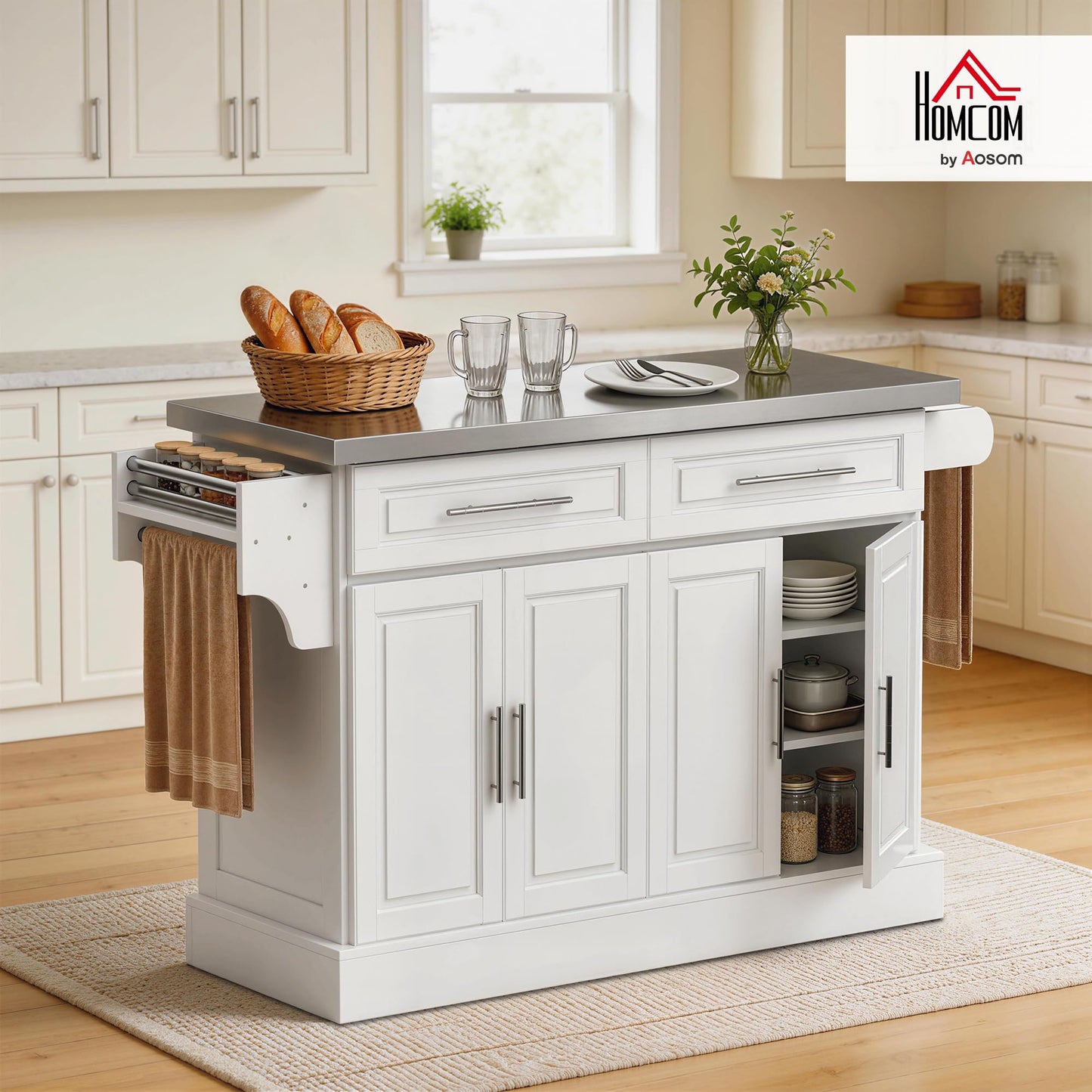 HOMCOM Rolling Kitchen Island Cart with 47" Stainless Steel Top, Portable Island Table for Kitchen with Wheels, Adjustable Shelves, 2 Drawers, Spice, Knife and Towel Rack, White