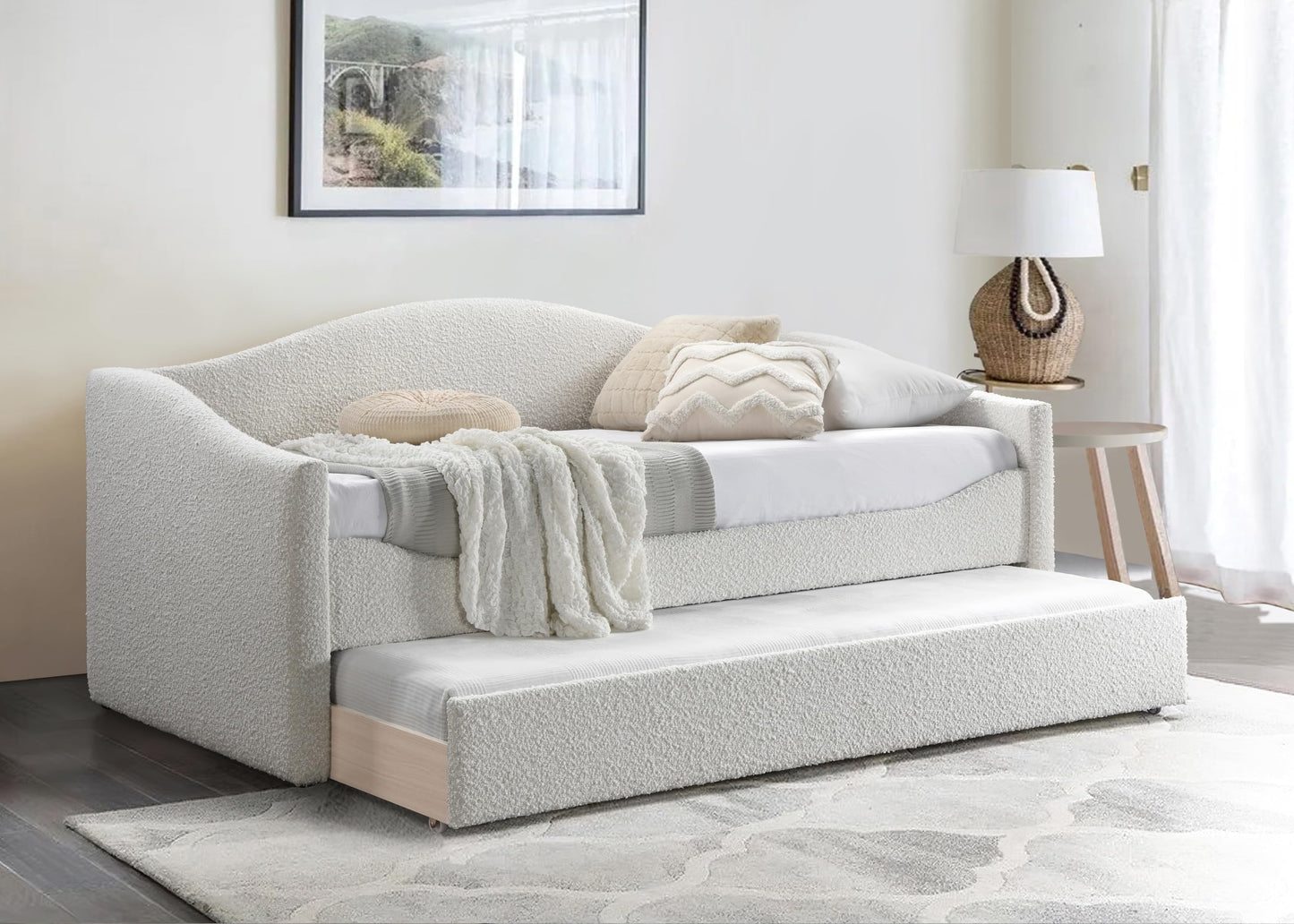 Meridian Furniture ArloCream-T Arlo Collection Modern | Contemporary Twin Daybed with Rich Cream Boucle Fabric, Twin Trundle, 82.5" W x 43.5" D x 32" H, Cream