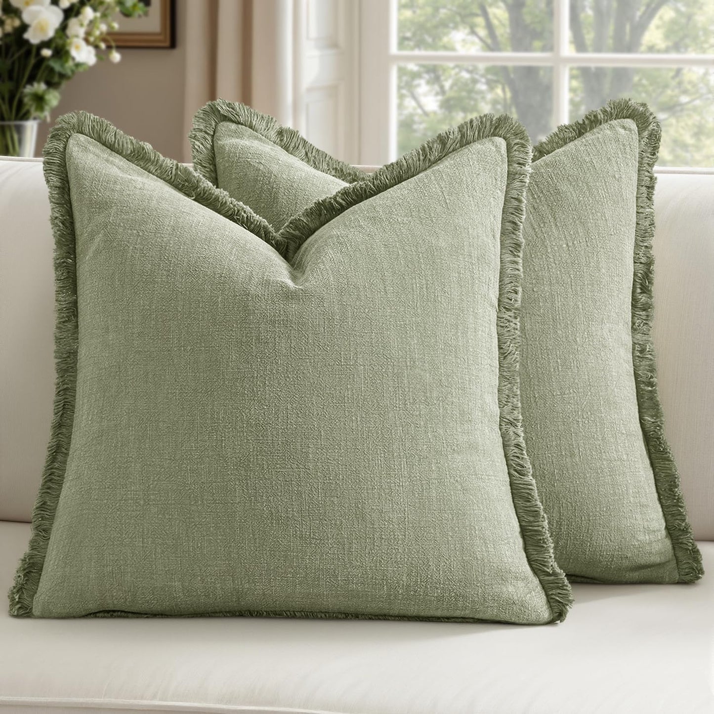 Chair,18x18 Inch Set 2,Sage Woaboy Decorative Linen Fringe Throw Pillow Covers Boho Farmhouse Soft Cushion Covers
