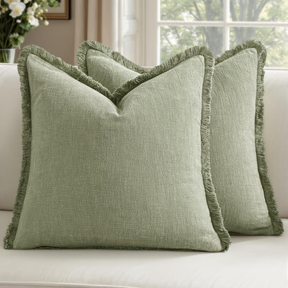 Chair,18x18 Inch Set 2,Sage Woaboy Decorative Linen Fringe Throw Pillow Covers Boho Farmhouse Soft Cushion Covers