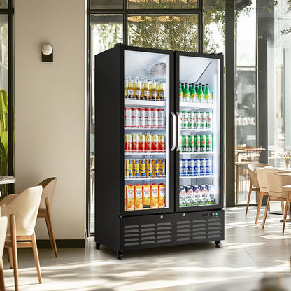 BODEGACOOLER Commercial Merchandiser Refrigerator, 27.02 Cu.Ft Double Glass Door Beverage Cooler, Upright Display Refrigerator with Soft LED Light, Adjustable Shelves, 4 Heavy-Duty Casters, Black