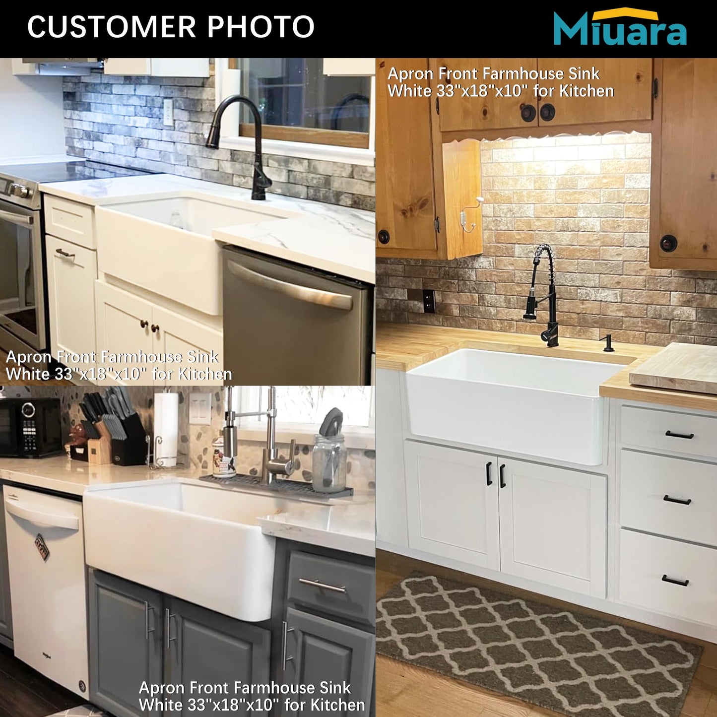 Miuara Farmhouse Sink 33 Inch - Apron Front Kitchen Sink Reversible 33"x18"x10", Undermount Installation, Farm House Style Single Bowl, Solid Fireclay, Glossy White, for Kitchen