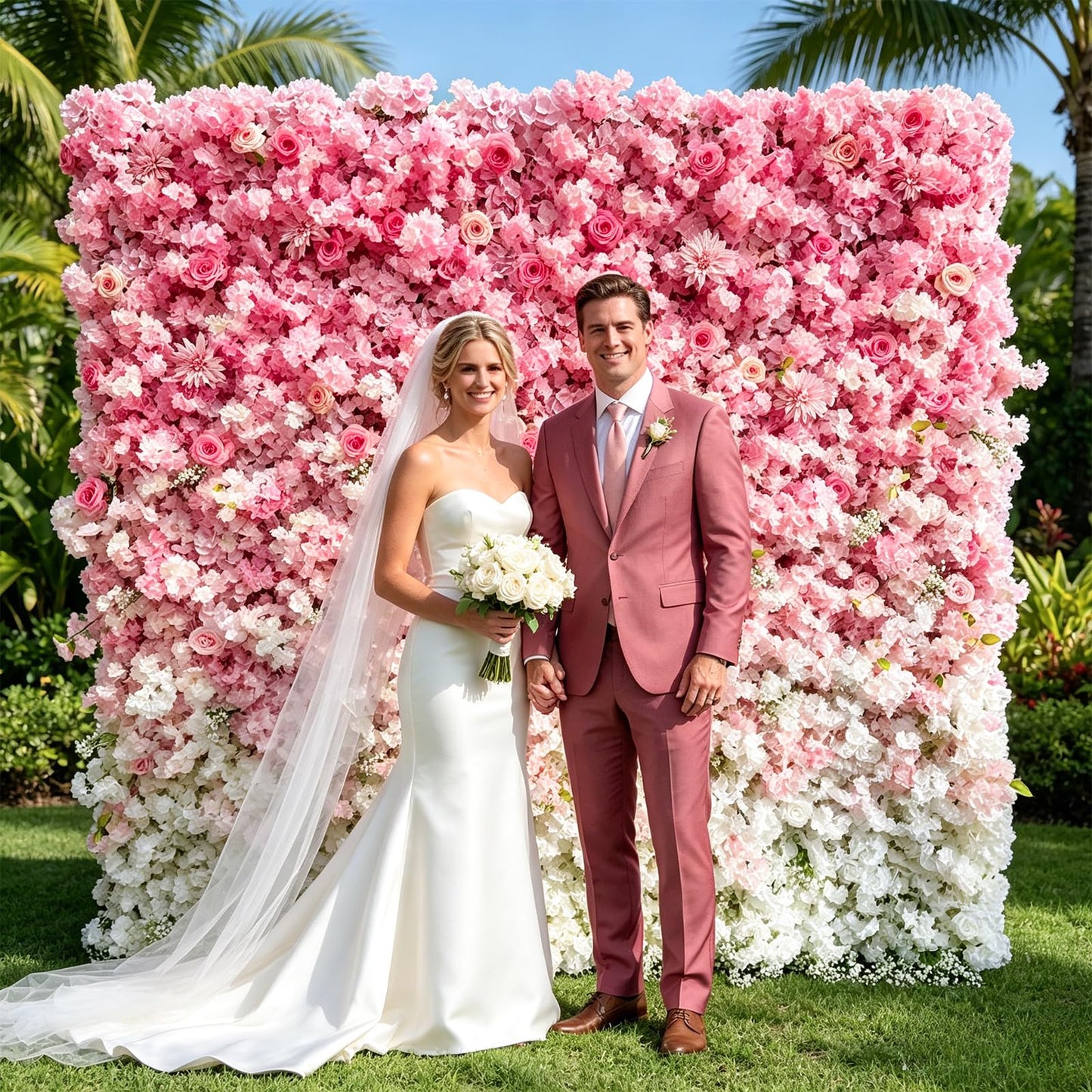 5D Realistic Rose Flower Wall Backdrop, 8×8FT Reusable Flower Wall Panel, Easy to Install & Store, Ideal for Wedding, Birthday Party & Home Decoration, Pink-to-White Gradient, Without Stand
