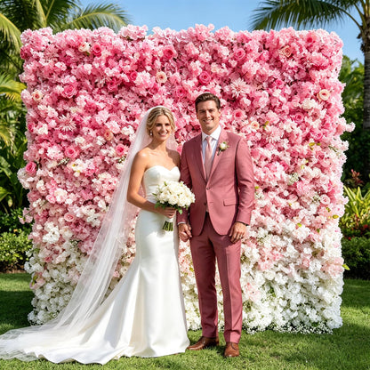 5D Realistic Rose Flower Wall Backdrop, 8×8FT Reusable Flower Wall Panel, Easy to Install & Store, Ideal for Wedding, Birthday Party & Home Decoration, Pink-to-White Gradient, Without Stand
