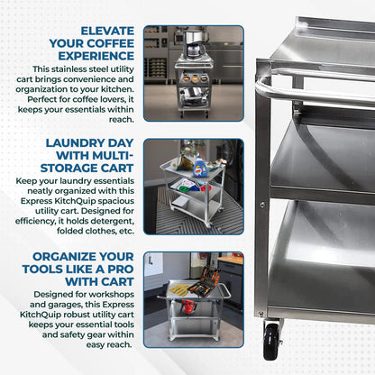 Commercial Stainless Steel 3 Shelf Utility Kitchen Metal Cart 24"X15"X33"