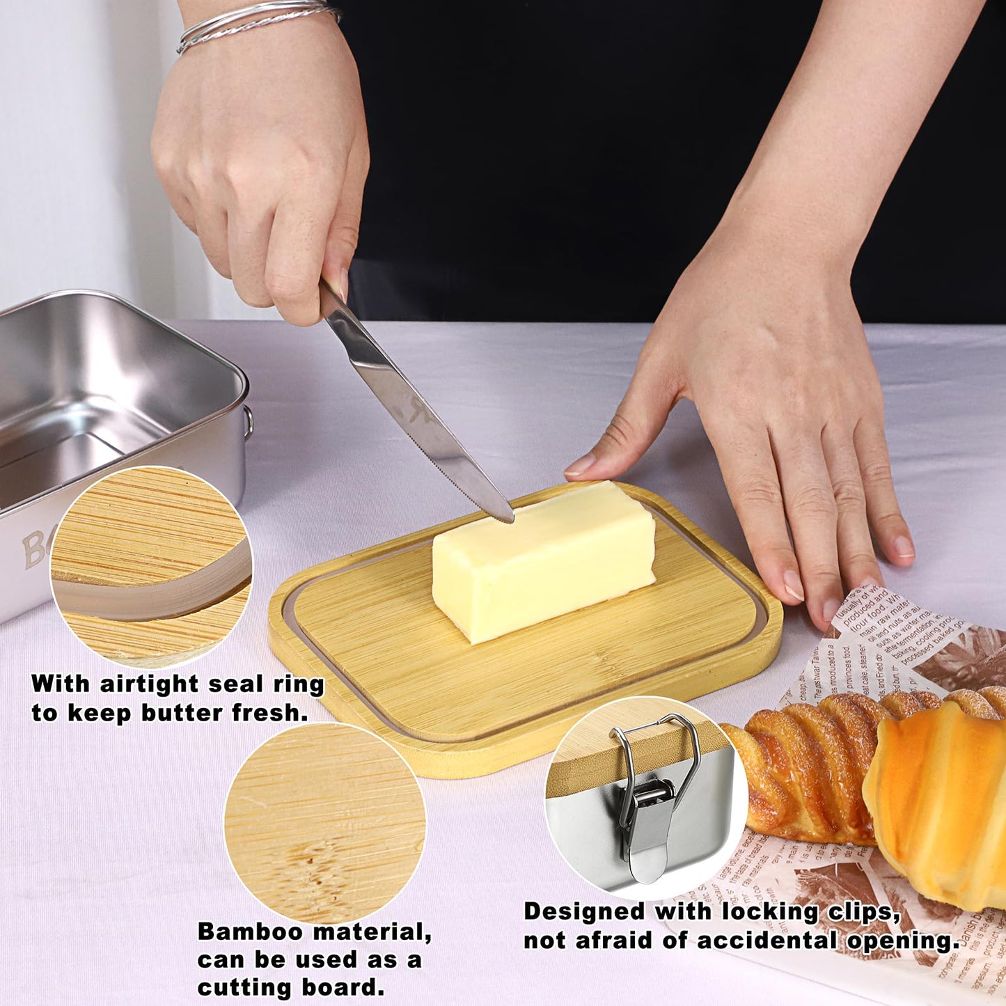BSTKEY Butter Dish with Lid for Countertop, Stainless Steel Butter Holder Container with Silicone Sealing, Unbreakable Butter Keeper for Kitchen, Holds 1 Stick West or 2 Sticks East Coast Butter