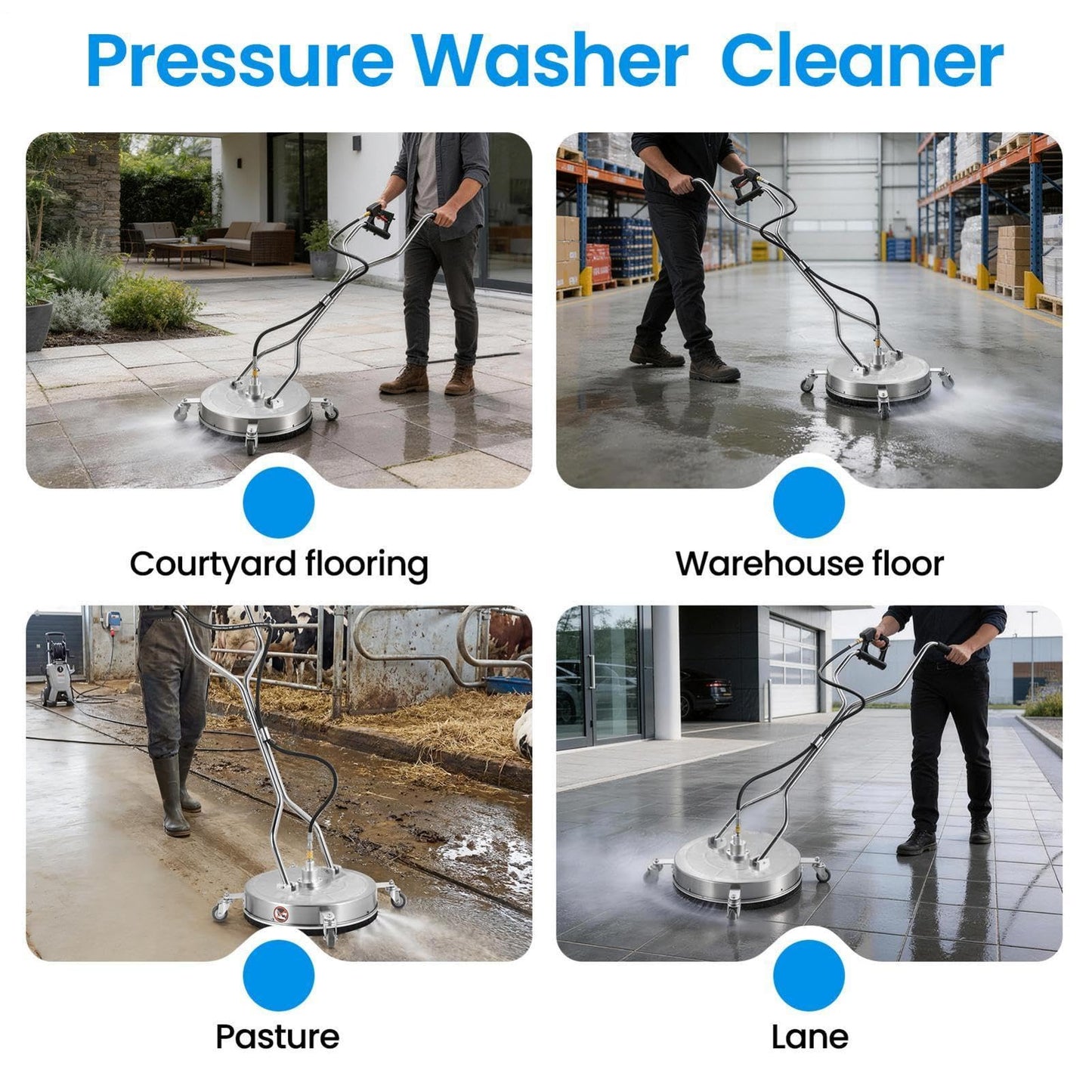 24" Pressure Washer Surfaces Cleaner with 4 Wheels & Duals Handles, 4000PSI Stainless Steel Surfaces Cleaner Attachment Commercial Grade for Pressure Washer for Concrete Driveway Sidewalk Deck Patio