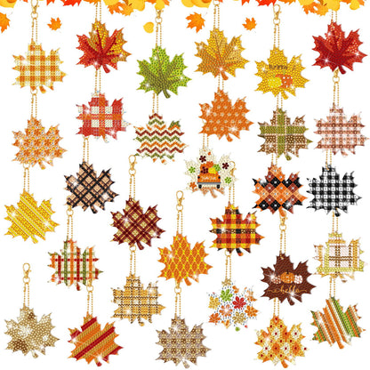 WILLBOND 30 Pcs Fall Thanksgiving Diamond Art Keychains Double Sided DIY Maple Leaf Fall Diamond Painting Keychain Ornaments Kits for Adults Key Ring Art Pendant Thanksgiving Tree Decor