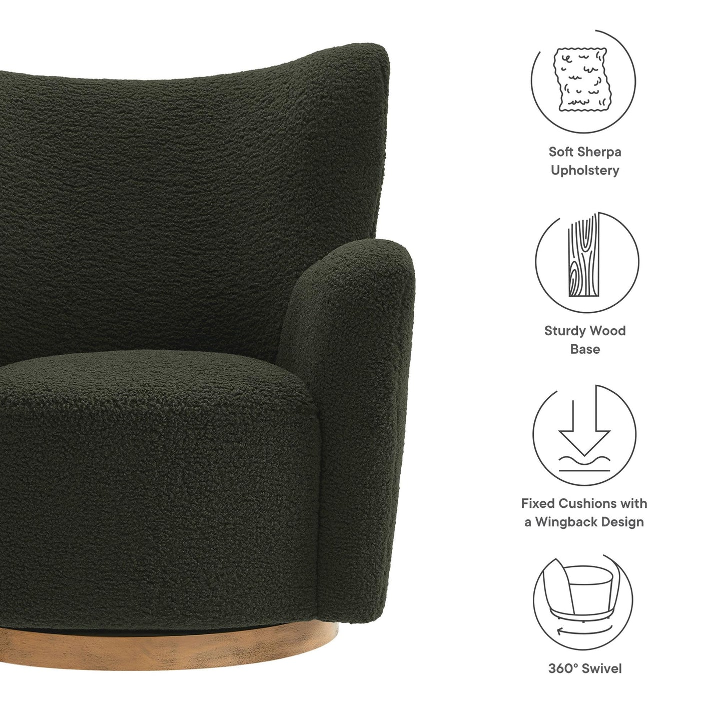 Modway Montrose Swivel Wingback Accent Chair in Fern Walnut Sherpa Teddy Fabric – Modern Furry Barrel Chair with 360-Degree Swivel Base – Soft and Comfy Living Room Chair