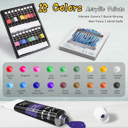 Whalsure Paint Set, Acrylic Paint Set for Kids & Adults - Painting Supplies with 18 Acrylic Paints, 8 Painting Brushes, 5 Canvas Panels, etc