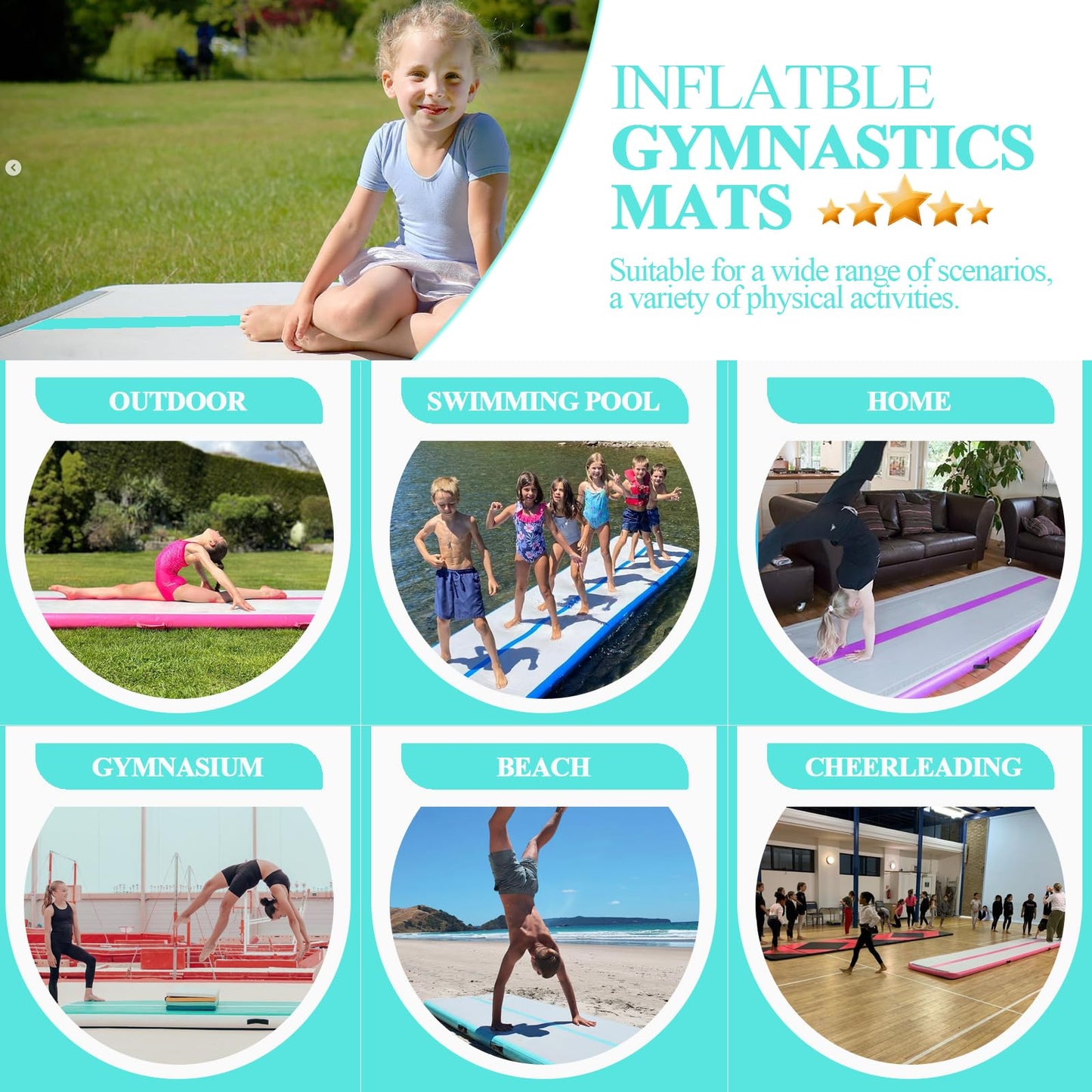 Gymnastics Mats, Air Mat Tumble Track 20FT 8 Inch Thickness Inflatable Training with Carry Bag Electric Pump For Home Use, Cheerleading, Yoga, Water Exercise (Green)