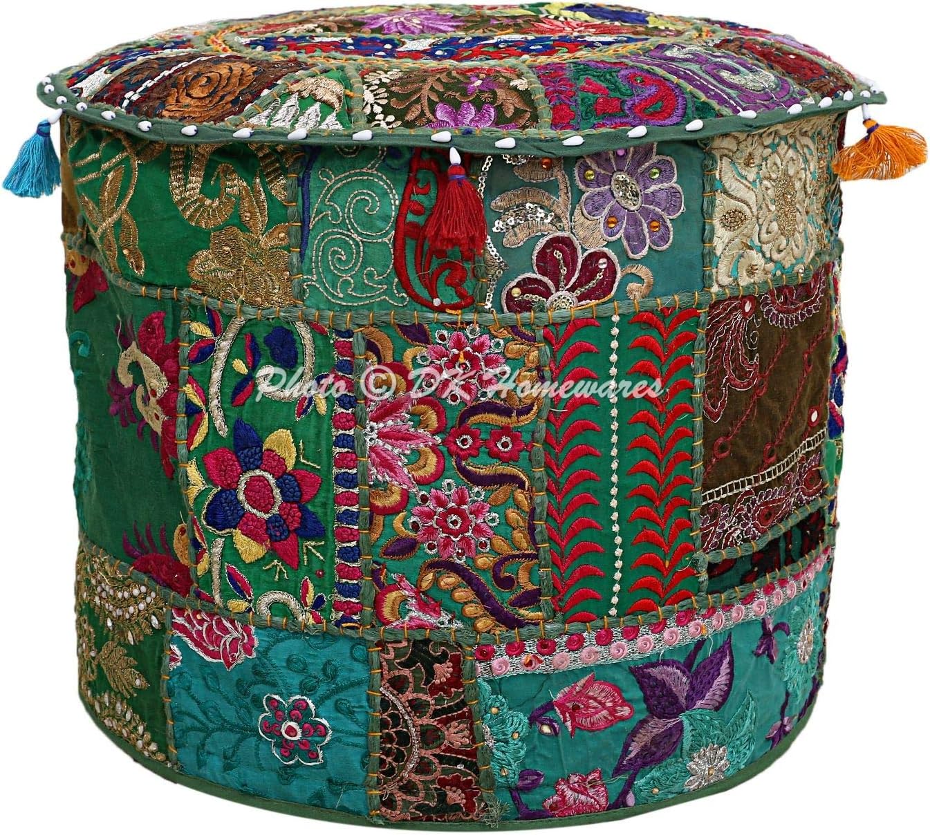 DK Homewares 22x22x14 Indian Vintage Patchwork Pouffe Floor Cushion Dark Green Round Foot Rest Living Room Cotton