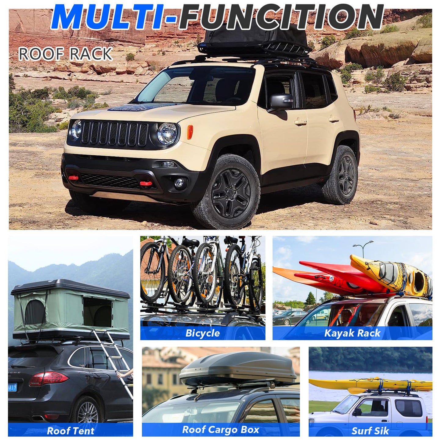 ROSY PIXEL 4Pcs Roof Rack Side Rails + Cross Bars for 2016-2023 Jeep Renegade Rooftop Luggage Rack Black