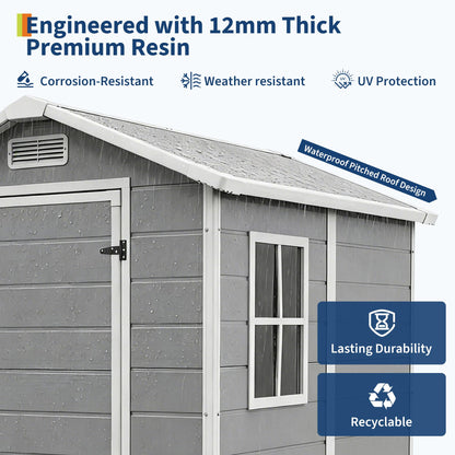 4x6 ft Outdoor Resin Storage Shed with Floor, Lockable Door & Window, Sloping Roof, Plastic Outdoor Sheds with Floor Garden Shed for Backyard Patio Lawn Mower Bike Tool Storage