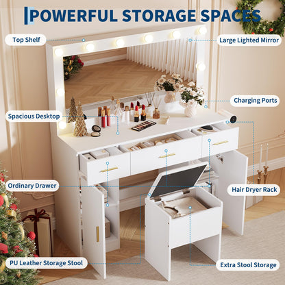 IDEALHOUSE Makeup Vanity Desk with Mirror and Lights, Modern White Vanity Table with Drawers, Charging Station & Storage Stool, Wood Make Up Vanity Set for Bedroom Apartment