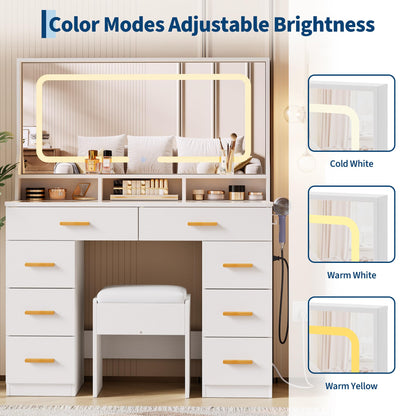MilleLoom Vanity Desk with Large Mirror & Lights, Makeup Vanity Desk with 8 Drawers & 3 Storage Shelves, Makeup Vanity Table Set with Transparent Glass Top, Stool & Power Outlet for Bedroom, White