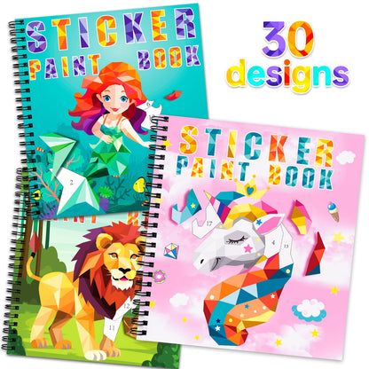 homicozy 3PCS Sticker Paint Books for Kids Ages 4-10,Unicorn Mermaid Animals Designs Paint By Stickers,Sticker By Numbers,Party Birthday Gifts for Girls 4-10,Create 30 Pictures One Stickers at A Time