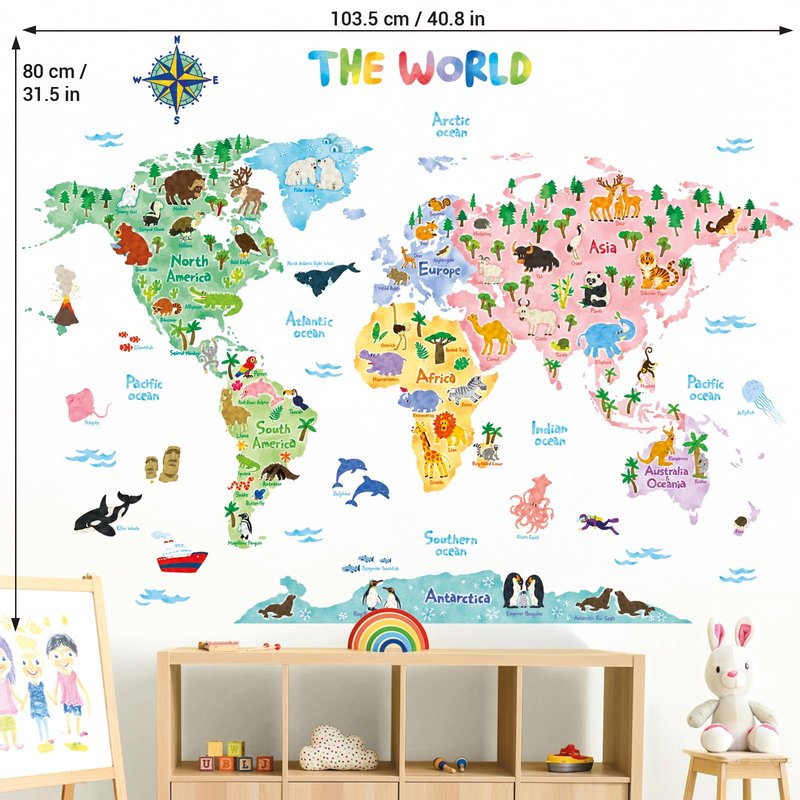 DECOWALL SG2-1615S Animal World Map Kids Wall Decals Wall Stickers Peel and Stick Removable Wall Stickers for Kids Nursery Bedroom Living Room (Large)