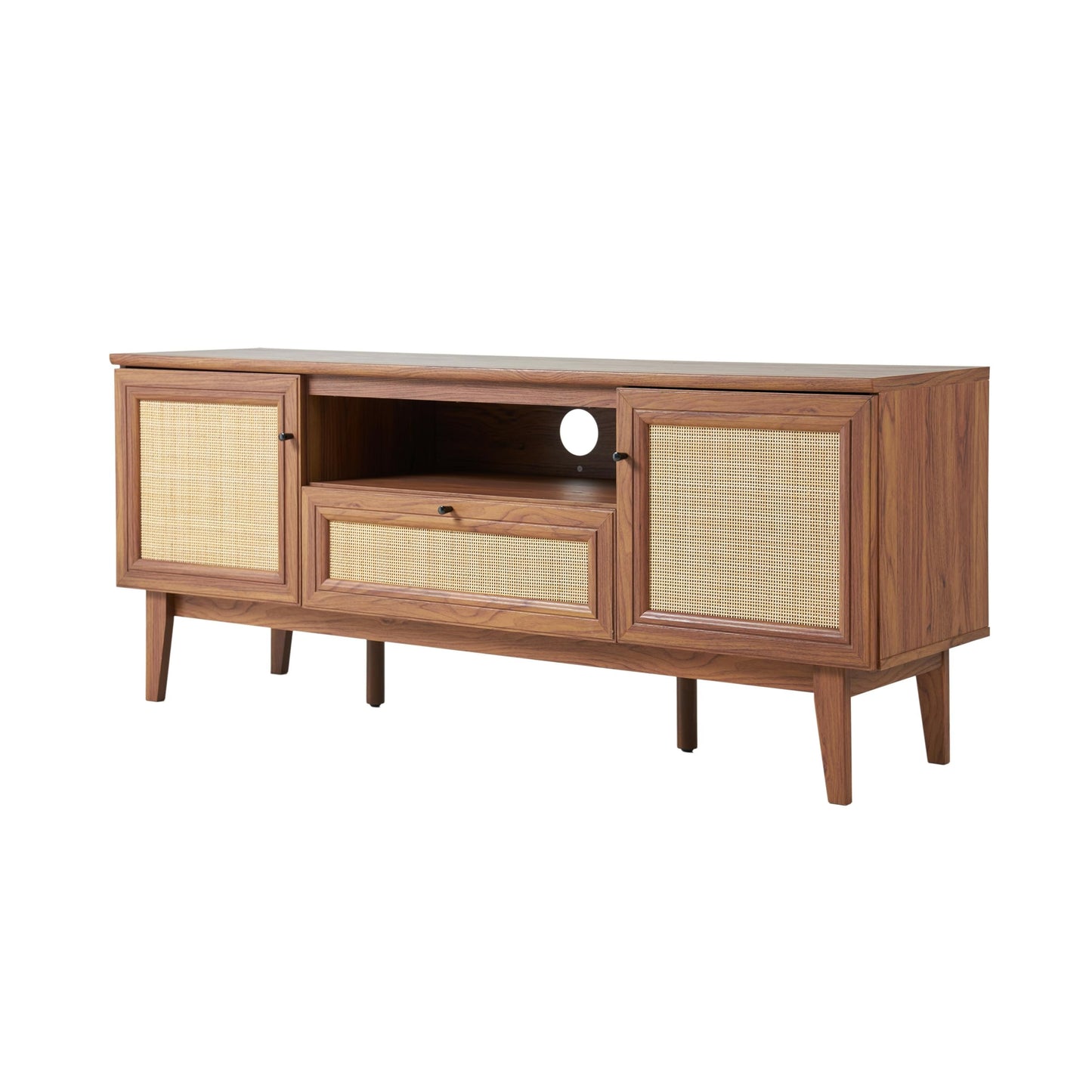 JONATHAN Y Finley 59" Mid-Century Walnut Rattan TV Stand for TVs up to 65 Inch, Wood Media Console with Woven Cane Soft-Close Doors and Drawer, Bohemian Entertainment Center for Living Room TVS1002B