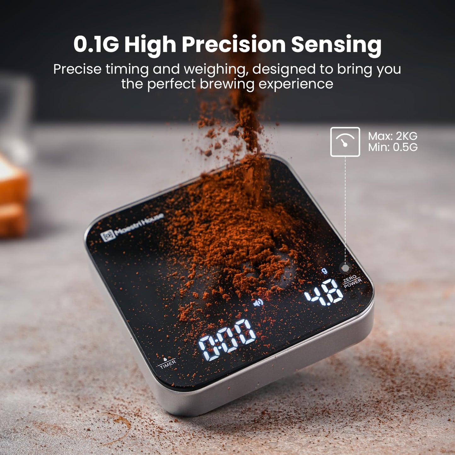 Maestri House Mini Coffee Scale with Timer, USB-C Rechargeable Espresso Scale, 2kg/0.1g Accurate Scale for Espresso and Pour-Over Coffee, Portable Digital Kitchen Scale with Auto Timer (Black&Silver)