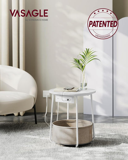 ULET228W01 VASAGLE LILEA Collection - Side Table with Charging Station, Round End Table with Fabric Basket, Nightstand