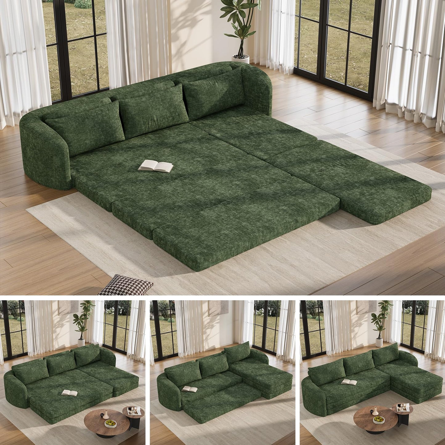 Vesgantti 110.2" Boneless Sectional Couch with Curved Armrest, 6 in 1 Convertible Folding Sleeper Sofa Bed, Chenille Modular Sofa for Living Room, No Assembly Required, Green, Right Facing Chaise