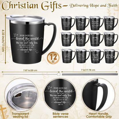 Widecook 12 Pcs Christian Coffee Mugs with Lid and Straw Bible Verse Mother's Day Religious Gifts Tumbler 12 oz Stainless Steel Insulated Inspirational Tumbler for Church Women Men(Black)