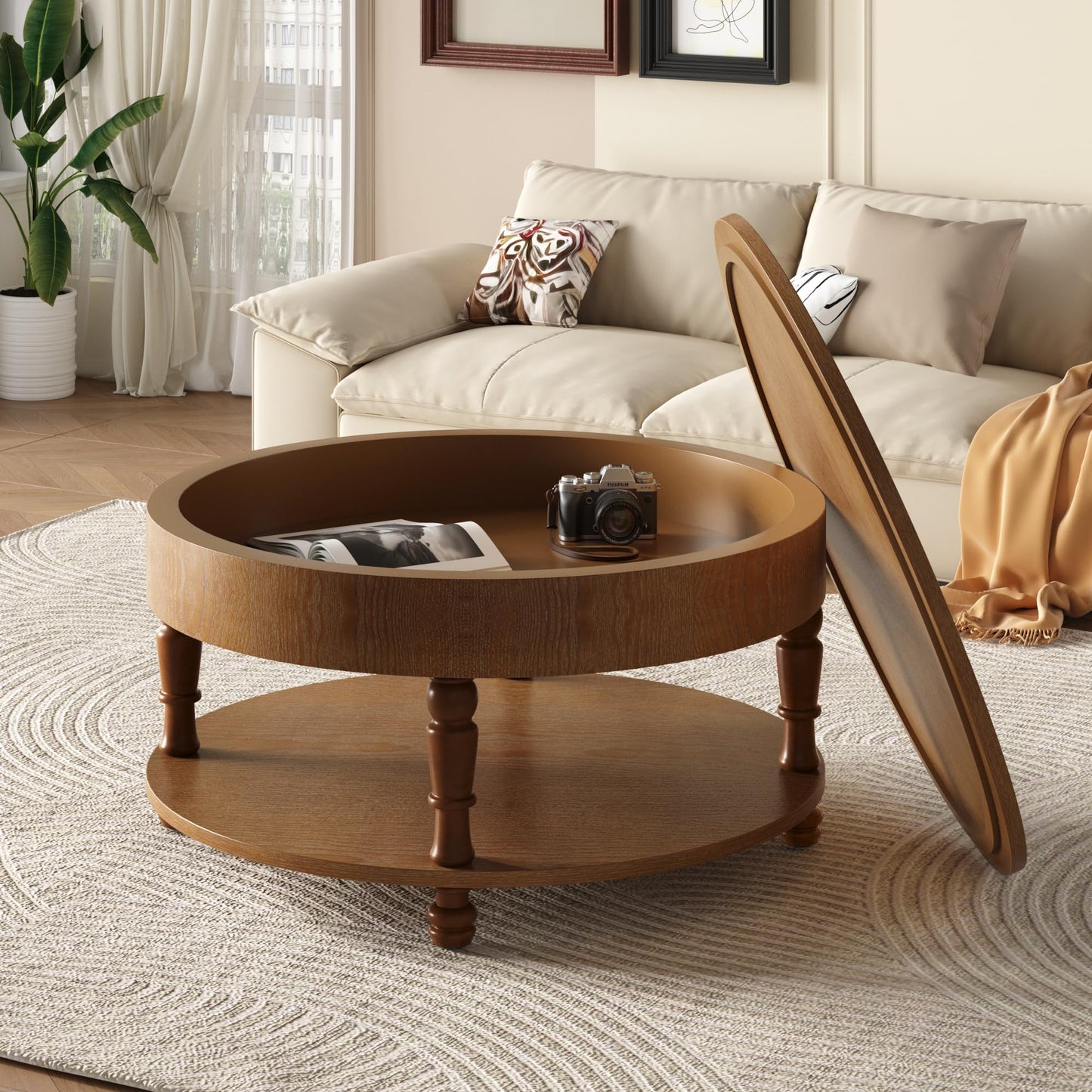 Hayzz Round Coffee Table with Storage 31.5 Inch, Modern Lift Top Accent Coffee Table with Hidden Compartment & Lower Shelf, Adjustable Leveling Feet, Easy Assembly for Living Room, Walnut Brown