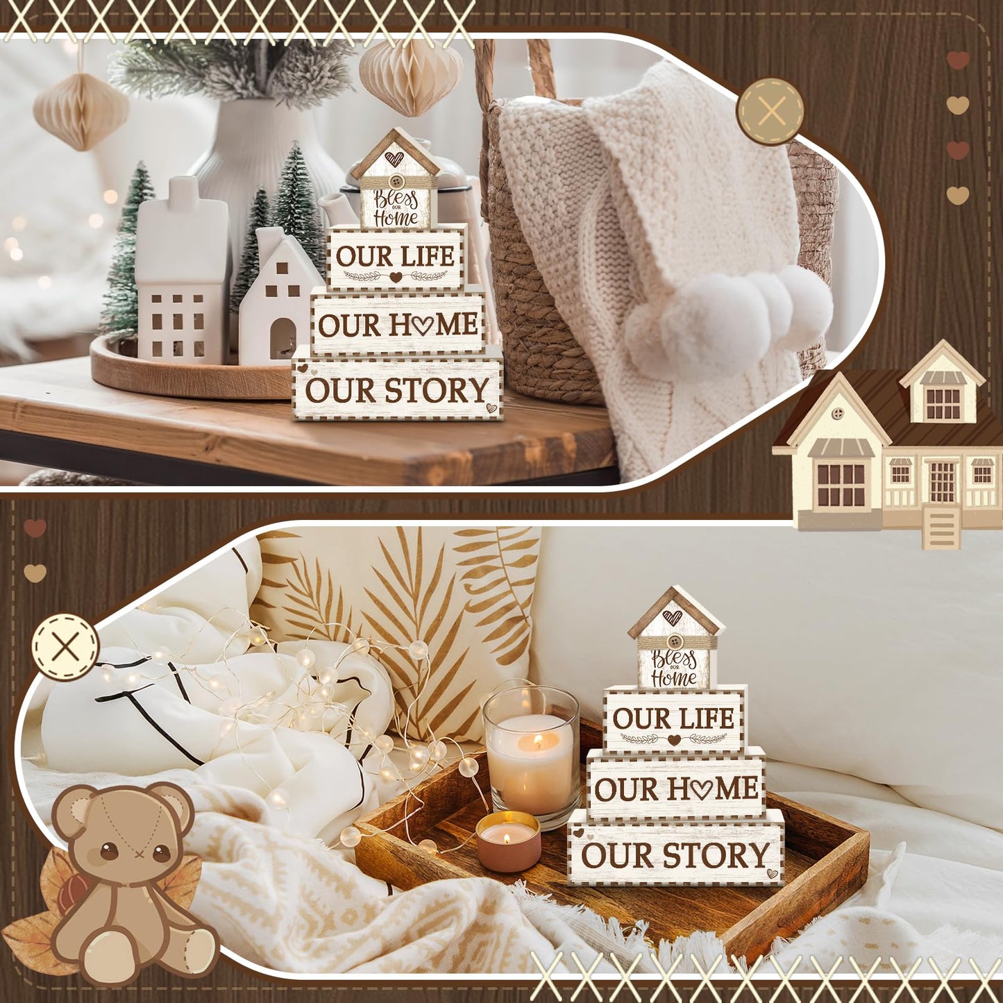 4 Pcs Rustic Farmhouse Decor Wooden Tiered Tray Decor, Rustic Family Table Decorations Our Life Story Stack Block Sign Neutral Home Tabletop Centerpieces for Kitchen Shelf Entryway Coffee Desk