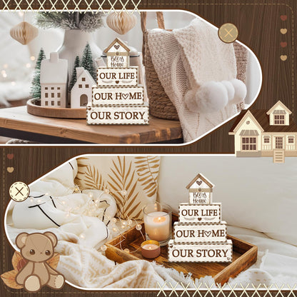 4 Pcs Rustic Farmhouse Decor Wooden Tiered Tray Decor, Rustic Family Table Decorations Our Life Story Stack Block Sign Neutral Home Tabletop Centerpieces for Kitchen Shelf Entryway Coffee Desk