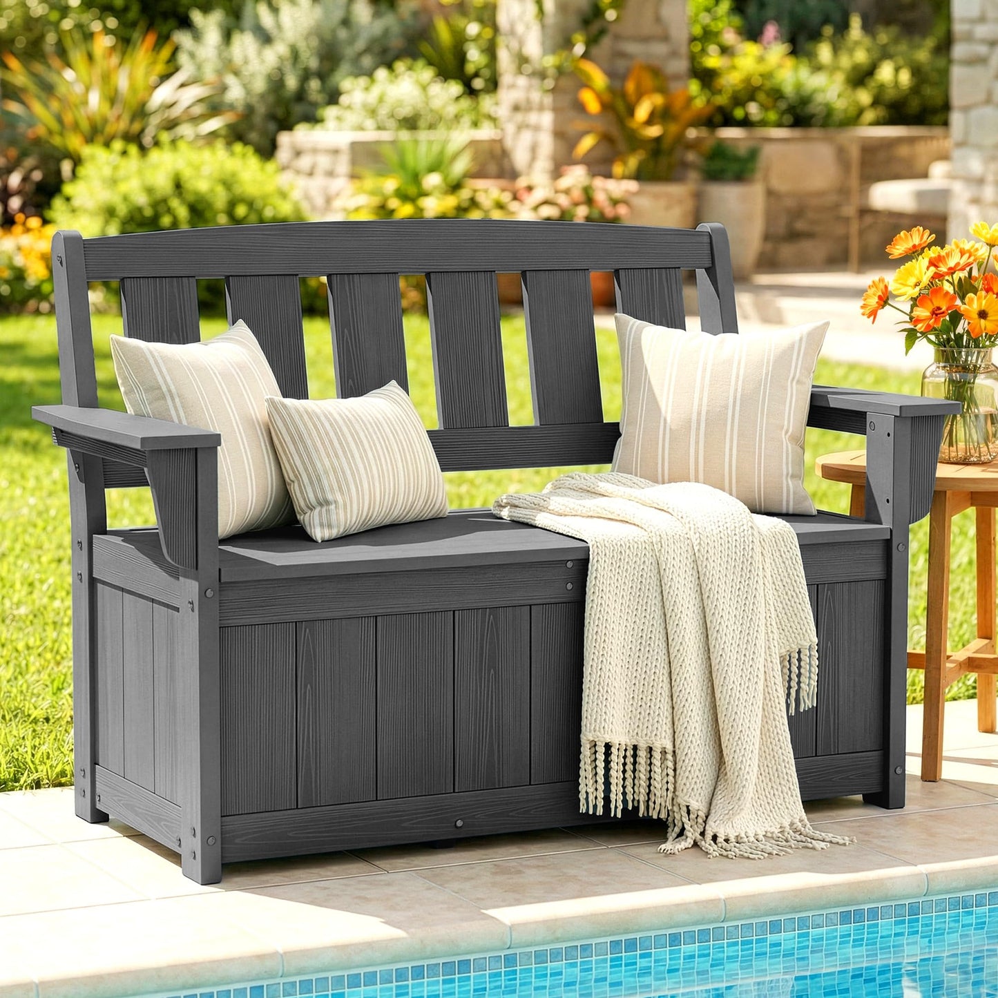 SERWALL HDPE Outdoor Storage Bench, All-Weather, UV-Resistant Deck Box with Waterproof Storage Bags, 57 Gallon Dual-Use Seat & Organizer Deck Boxes for Patio, Garden Tools & Pool (Gray)