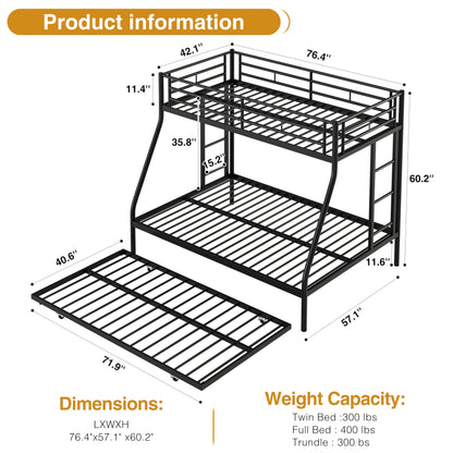 Nuturelly Metal Bunk Bed Twin Over Full with Trundle, Heavy Duty Steel Frame Bunk Bed Frame with Safety Guardrails & Ladder, Space Saving 3 Beds for Kids, Teens, Dorm, Black