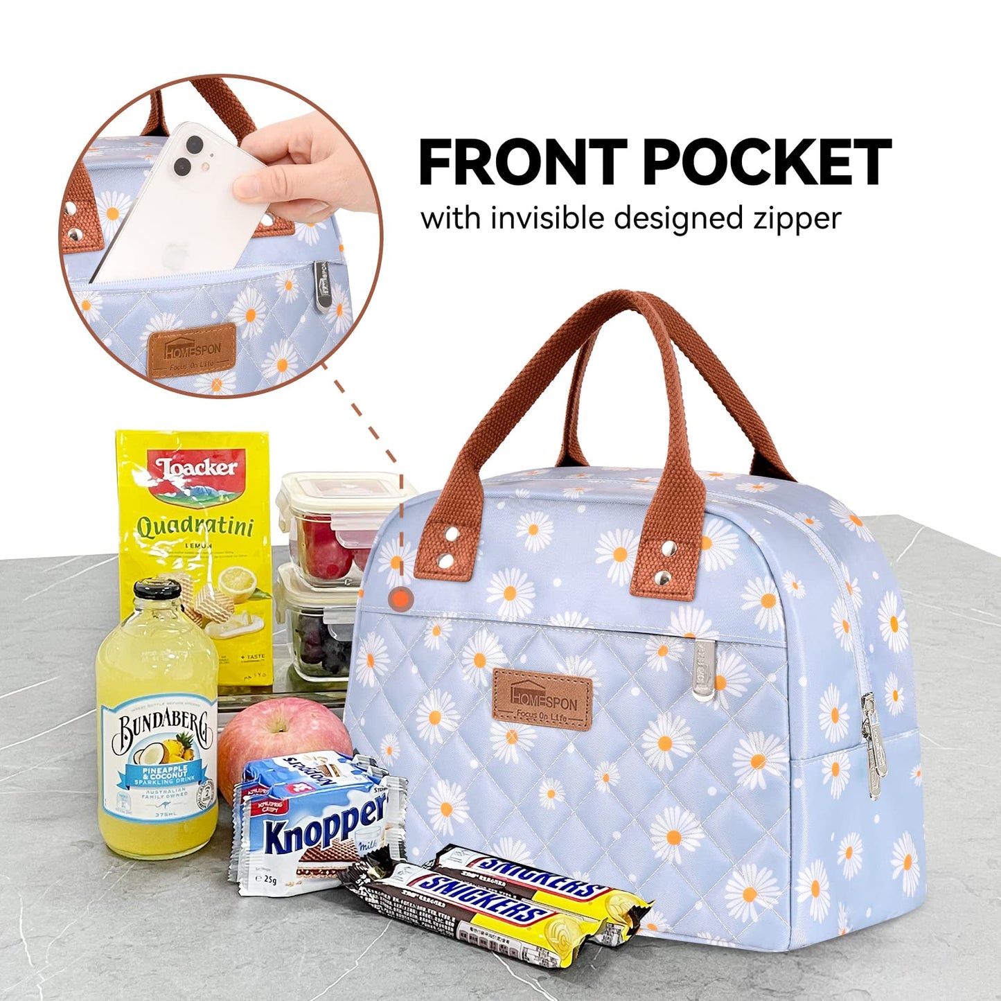 HOMESPON Insulated Lunch Bag for Women Men Adults Lunch Tote with Front Pocket Lunch Box Container Cooler Bag for Work Picnic (Blue Daisy)