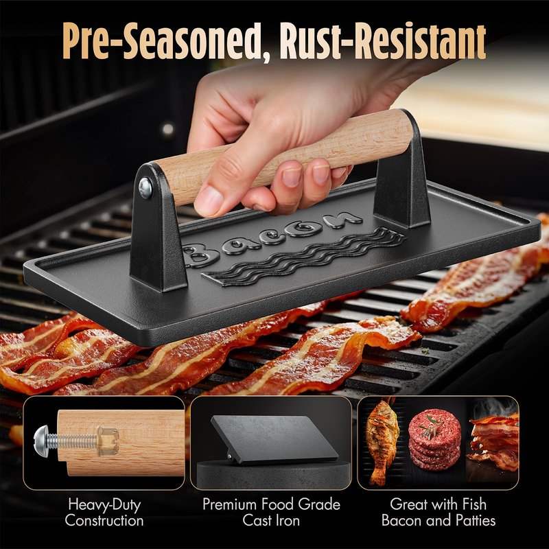 Pisol Bacon Press Smash Burger Press, Pre-Seasoned Cast Iron Hamburger, 2 lb Heavy-Duty Grill Bacon Meat Press Tool with Wood Handle