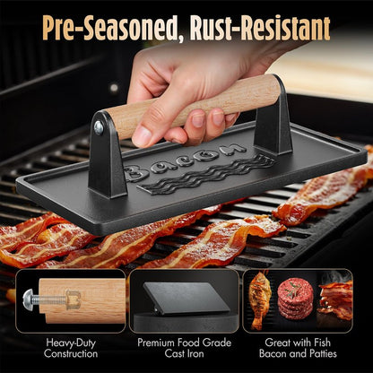Pisol Bacon Press Smash Burger Press, Pre-Seasoned Cast Iron Hamburger, 2 lb Heavy-Duty Grill Bacon Meat Press Tool with Wood Handle