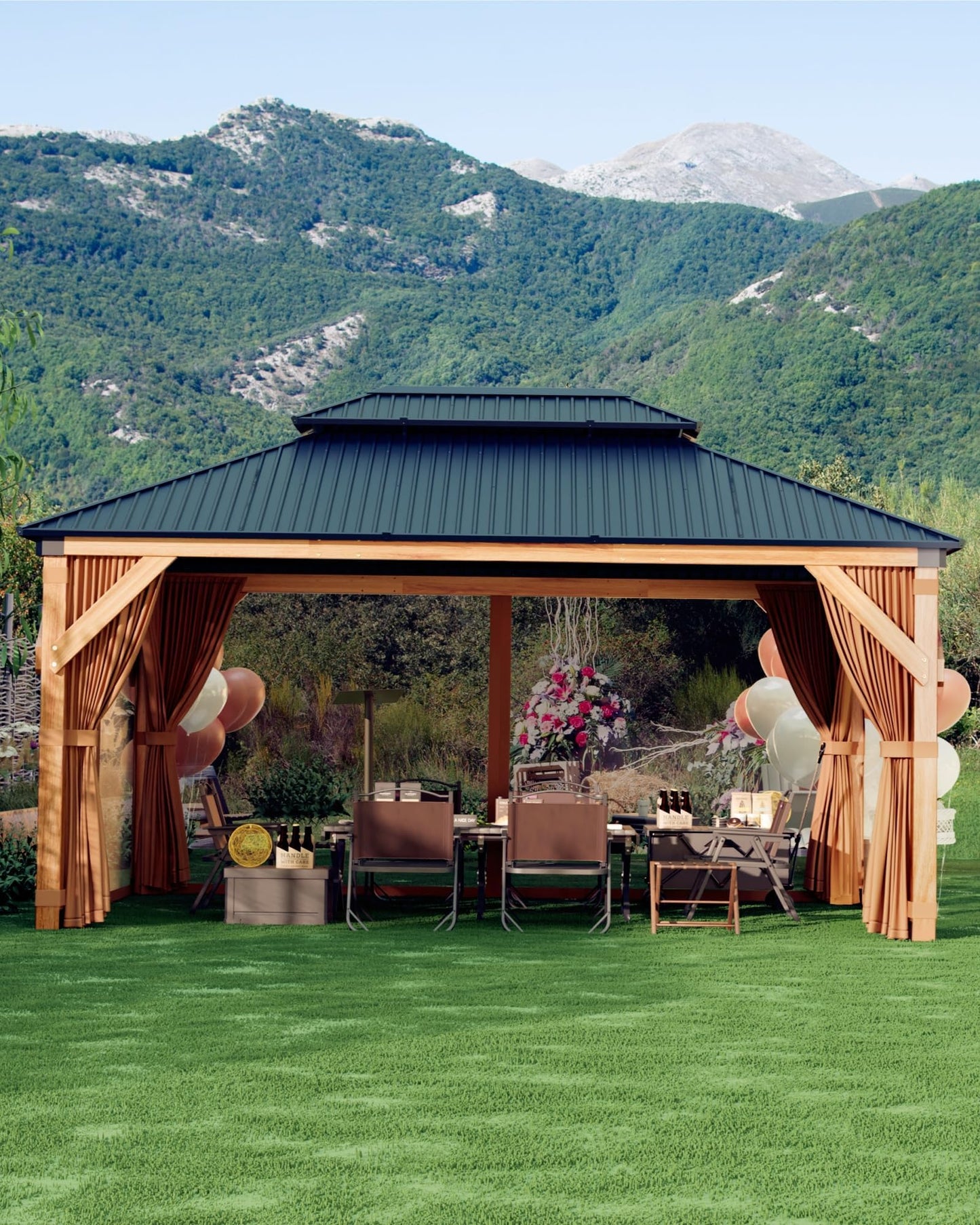 IDEALHOUSE 10x12 FT Outdoor Hardtop Wood Gazebo with Cedar Frame, Double Galvanized Steel Roof, Patio Pavilion with Curtains, Mesh Netting & Ceiling Hook for Backyard, Deck, Lawn, Garden