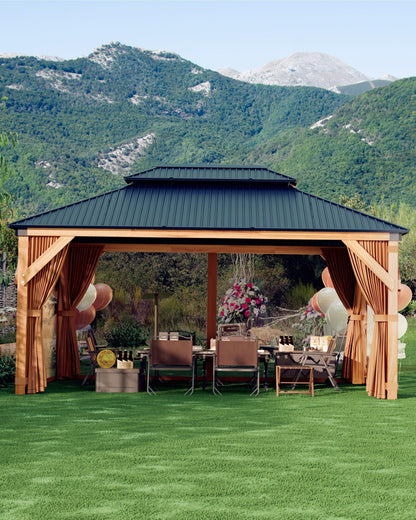 IDEALHOUSE 10x12 FT Outdoor Hardtop Wood Gazebo with Cedar Frame, Double Galvanized Steel Roof, Patio Pavilion with Curtains, Mesh Netting & Ceiling Hook for Backyard, Deck, Lawn, Garden