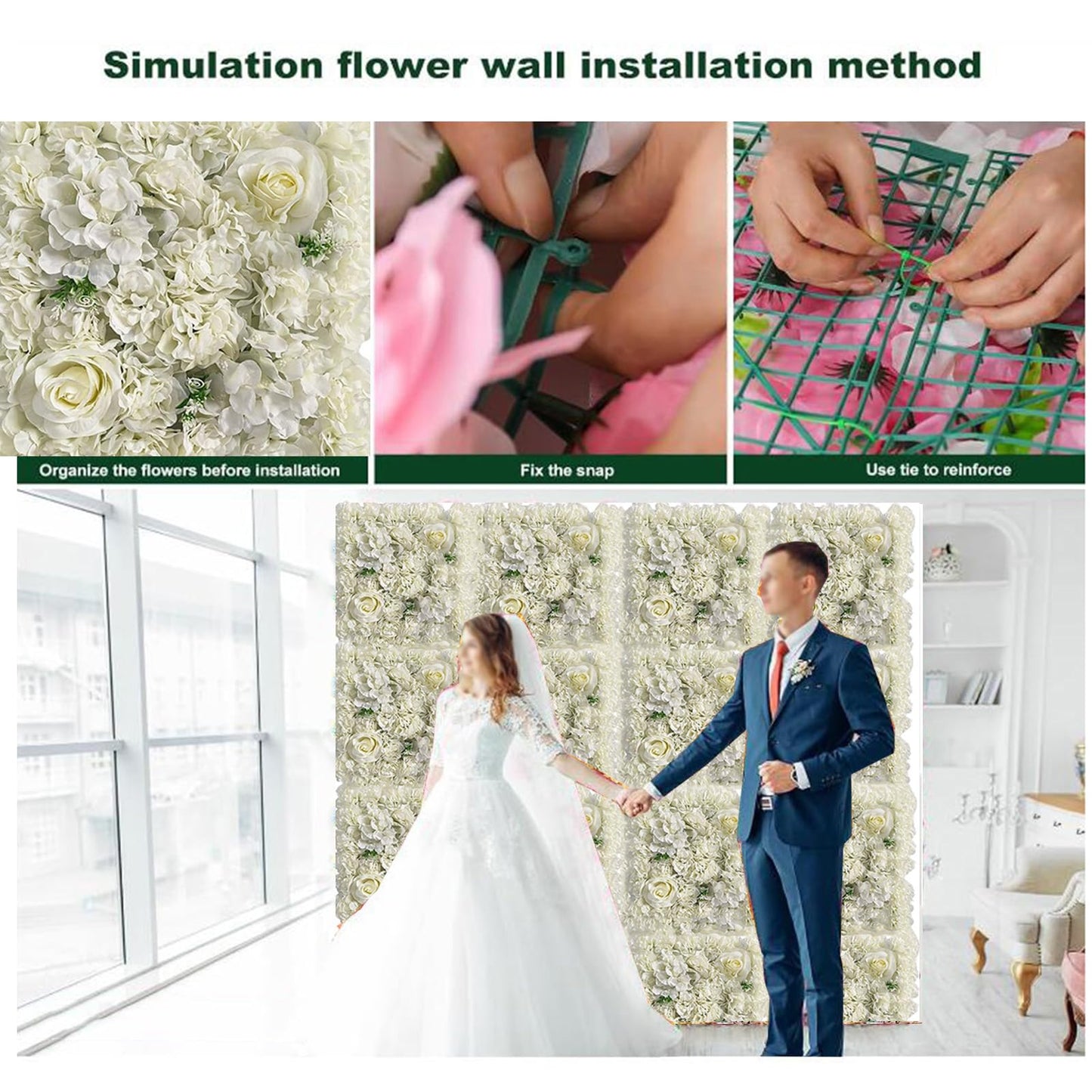 JIIPOREGJ Flower Wall Panel,Artificial Flower Wall Panels Silk Rose Panels for Wedding Party Wall Backdrop Decoration,White,12pcs
