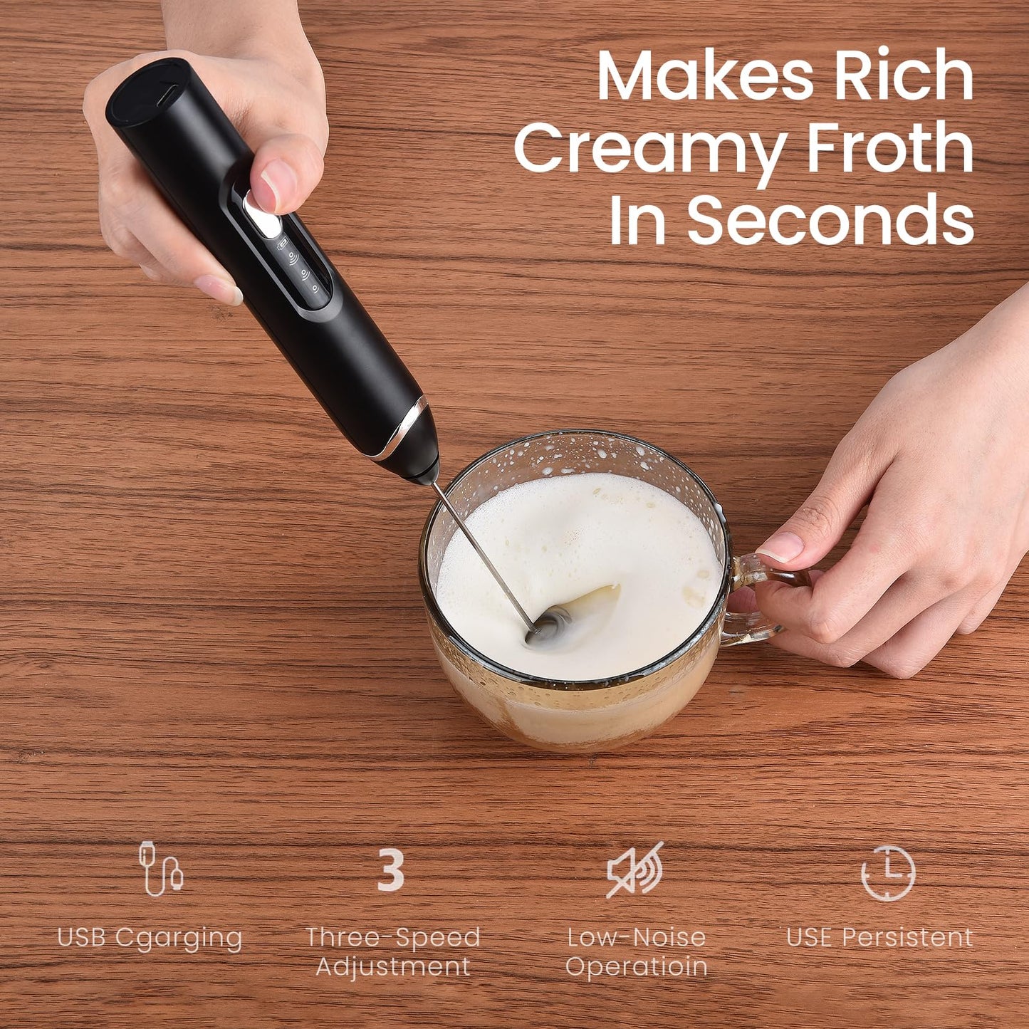 Nuthceia Handheld Milk Frother with Travel Case - Portable USB Rechargeable Mini Whisk for Coffee, Latte. Includes 3 whisks, storage, perfect for frothing milk, beating eggs, and blending drinks.