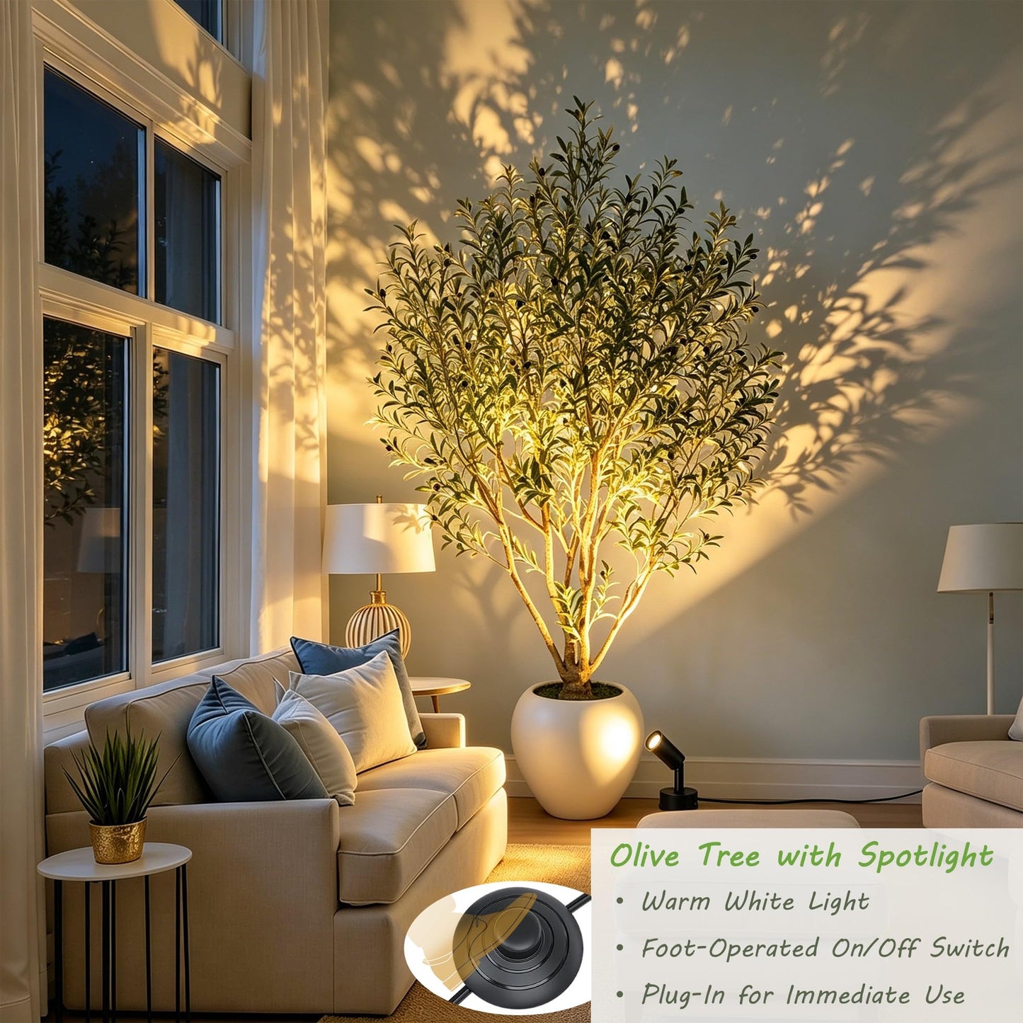 Nafresh 8FT Large Faux Olive Tree with 18.4''Wx16.5''H White Planter & Warm White Spotlight, Olive Trees Artificial Indoor with Multi Branches, Fake Olive Tree for Indoor Outdoor Home Office Decor