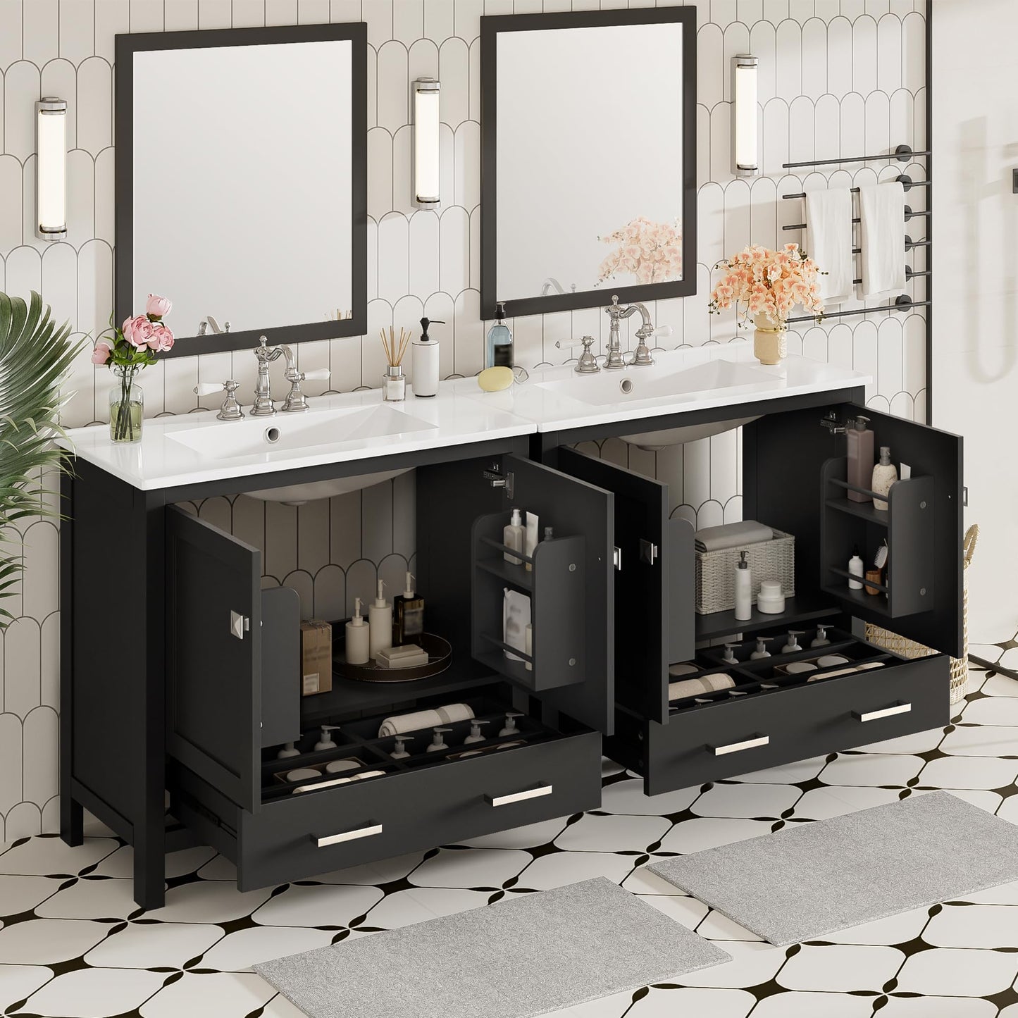 Favfurish 72" Double Bathroom Vanity with Ceramic Sink,Free Standing Single Basin Vanity Set w/Storage Shelves & Divided Drawer,Soft-Close Doors,Bathroom Storage Solution,Mirror Not Included,Black