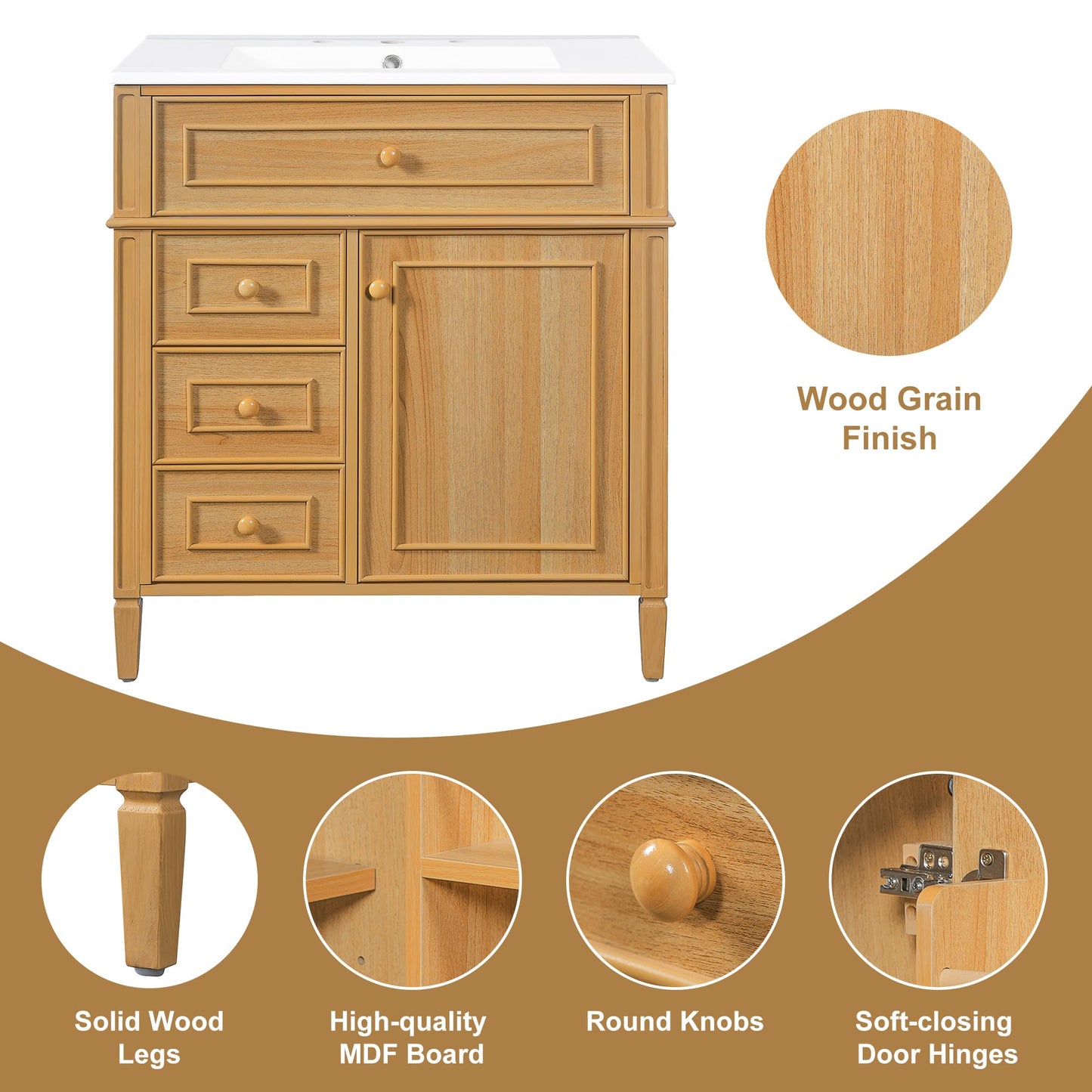 Bathroom Vanity with Sink 30 Inch, Tip-Out Drawer and Door Rack, Adjustable Shelf, Soft-Closing System, Solid Wood Legs, Wood